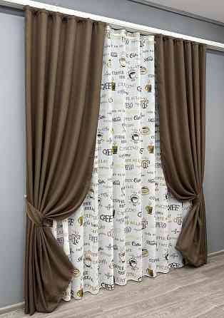 Комплект штор VR-Textil Льон Мішковина 200х270 2шт і Тюль 500х270 277ш-1858т Коричневий з білим 71-066/6 Київ