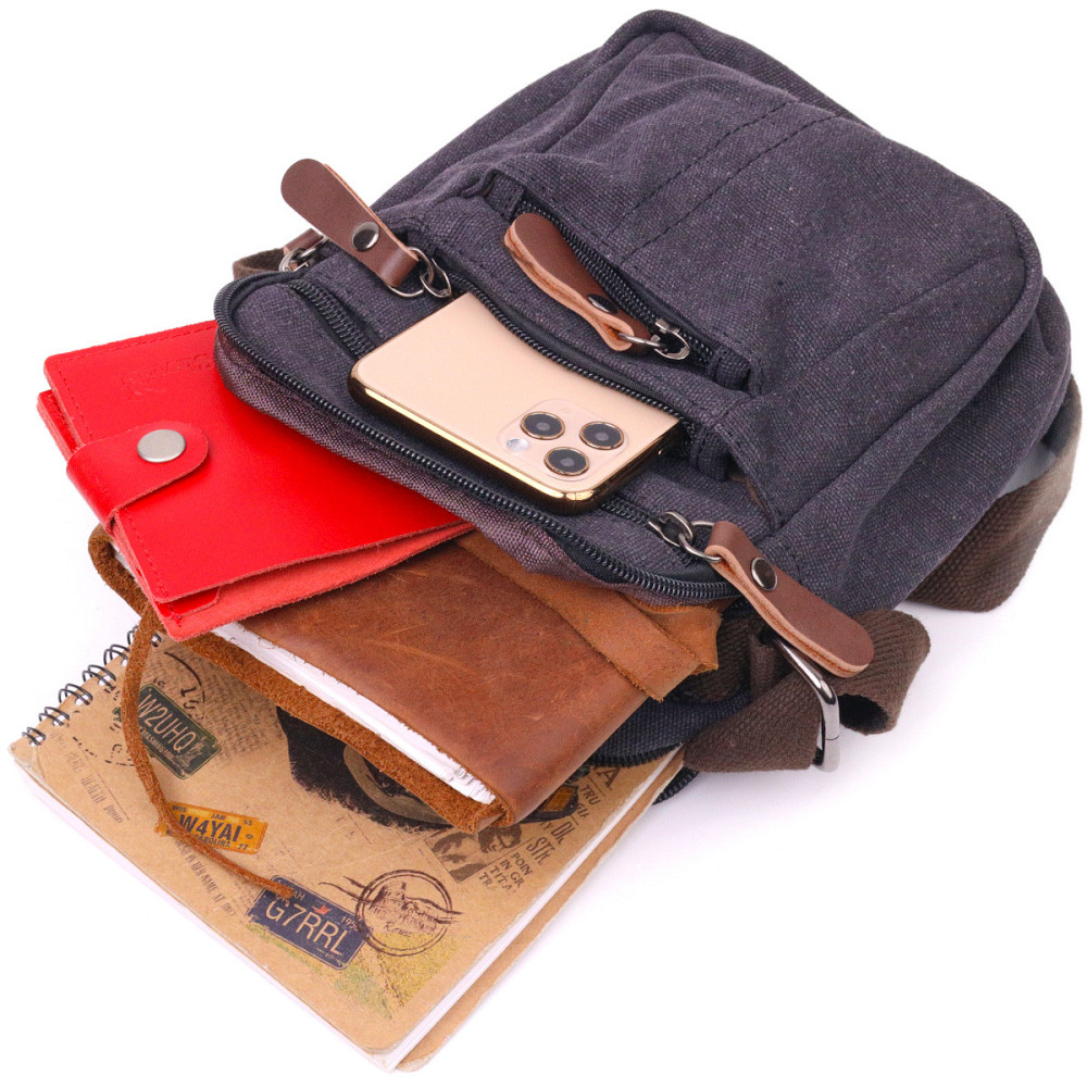 Невелика чоловіча сумка із щільного текстилю Чорна (Vintage) Київ - фото 2