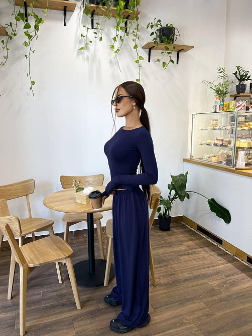 Женский базовый прогулочный костюм двойка: лонгслив и штаны турецкая вискоза. Синий, 48/50 Одесса - изображение 3