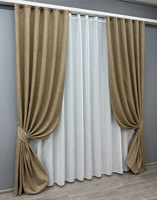 Комплект штор VR-Textil Льон Мішковина 150х270 2шт і Тюль 600х270 1768ш-115т Мигдальний з білим 71-052/5 Київ - фото 2