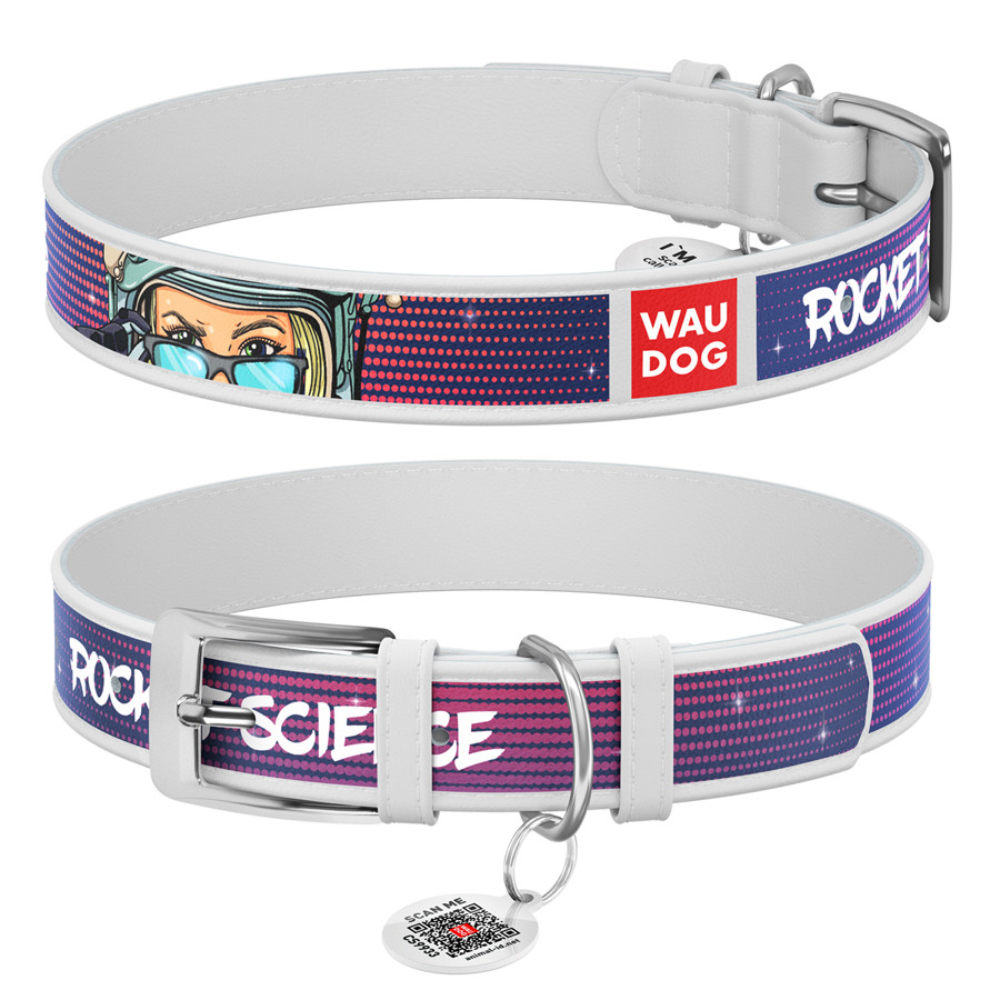 Нашийник для собак шкіряний WAUDOG Design з QR паспортом, малюнок "Космос. Ракетобудування", XL Коломыя - изображение 1