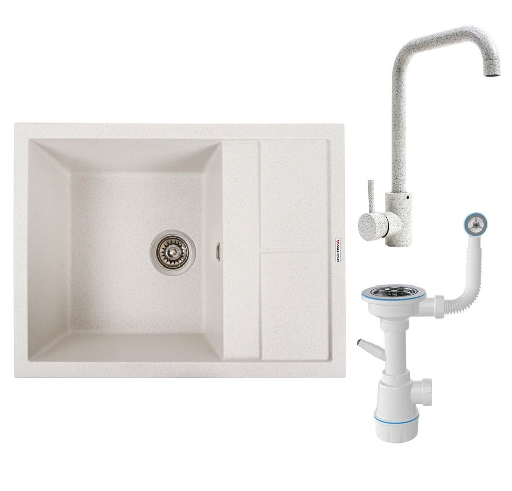 VALESO Комплект: Мийка LOTOS 6550 біла в крапку + Змішувач NS02A білий в крапку + Сифон 1041 Киев - изображение 1