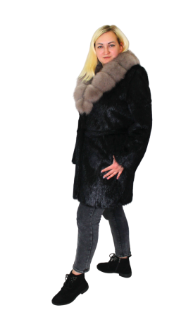 Шуба женская из натурального меха стриженой нутрии с воротником Соболь р 52 длина 90см Черный Харьков