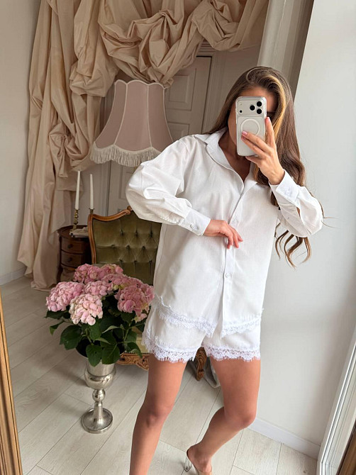 Женский стильный летний льняной костюм с кружевом Молочный, 48/50 Одесса - изображение 4