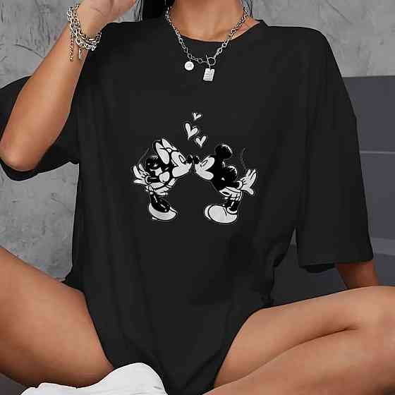 Футболка оверсайз жіноча довга з малюнком Чорний Мікі + Міні 50/52 Харків