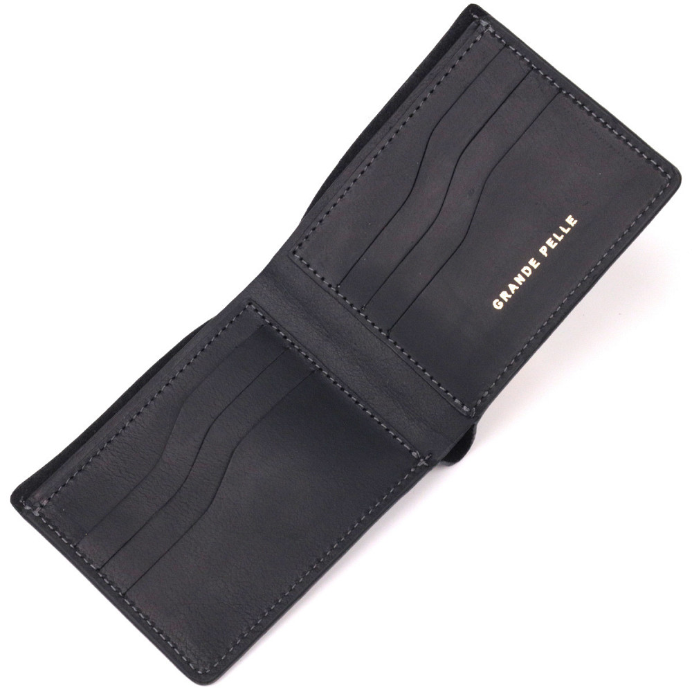 Практичный кожаный кошелек в два сложения Черный (GRANDE PELLE) Киев - изображение 9