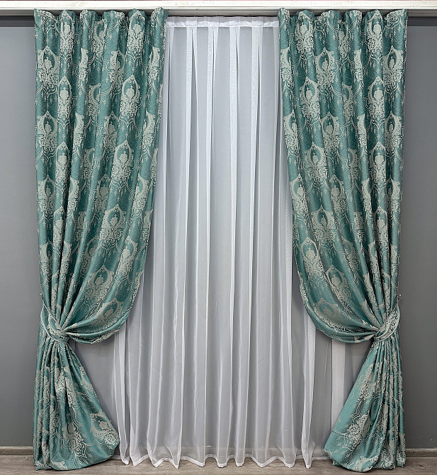 Комплект готових штор VR-Textil Парча № 1777ш Бірюзовий з молочним 100х290 см 2 шт (31-097) Київ - фото 2