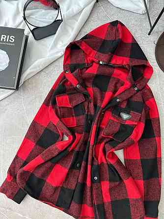 Женская повседневная оверсайз рубашка в клетку с капюшоном турецкий кашемир Красный, 48/52 Одесса