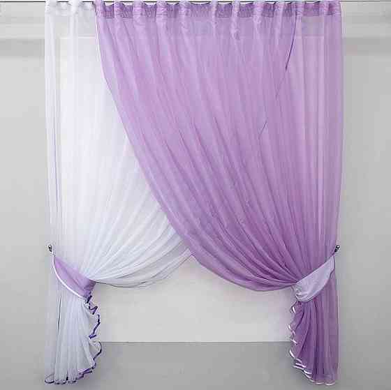 Кухонні шторки VR-Textil № 060к "Дует" з підв'язками бузковий з білим 330х170 см (50-364) Київ