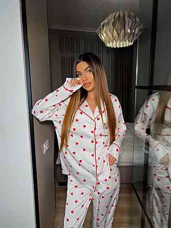 Женская пижама двойка с сердечками из шелка армани Белый, 48/50 Одесса