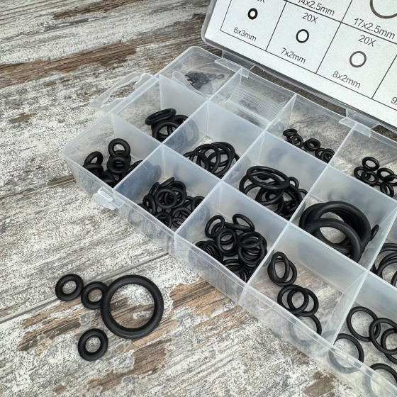 Набір ущільнювальних кілець 225шт для автокондиціонерів і ремонту О-ринги 3-22мм у пластиковому органайзері Київ