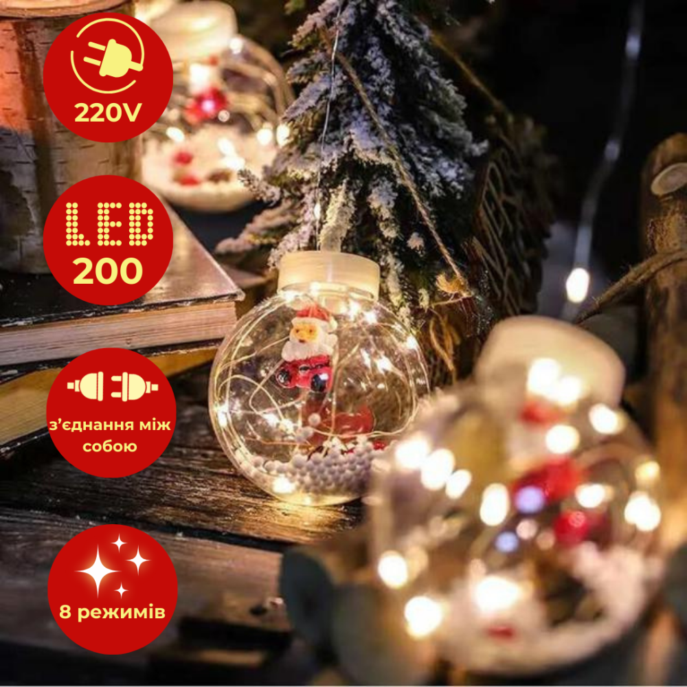 Гірлянда штора роса з кульками Niki Light гірлянда завіса 8 режимів 200 LED штора від мережі 3x0,8м Теплий білий Київ - фото 4