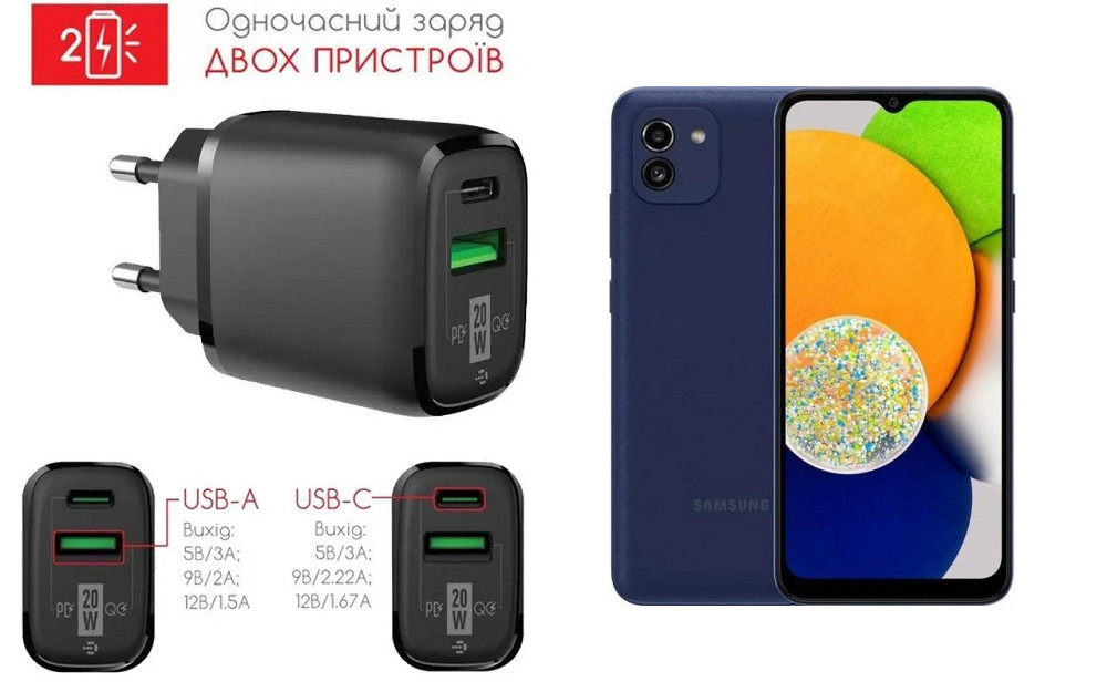 Сетевое зарядное устройство для Samsung Galaxy A03, A03s, 20W 3A, Quick Charge 3.0 Киев - изображение 1