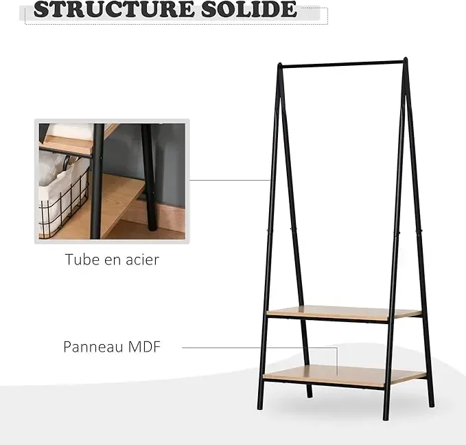 Универсальная прочная напольная передвижная стойка вешалка для одежды с деревянными полками Коломия - фото 4