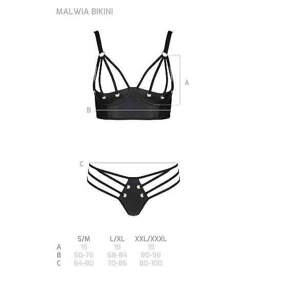 Комплект з екошкіри з люверсами та ремінцями Passion MALWIA BIKINI XXL/XXXL, black, бра та трусики Sex Aura Київ