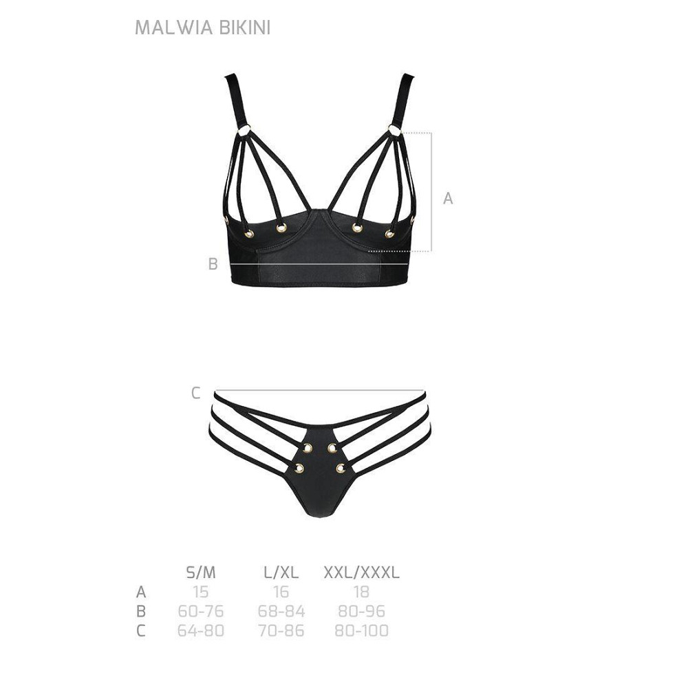 Комплект з екошкіри з люверсами та ремінцями Passion MALWIA BIKINI XXL/XXXL, black, бра та трусики Sex Aura Київ - фото 5
