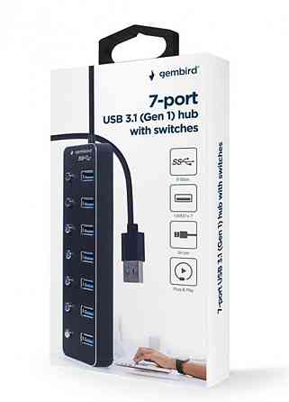 Концентратор USB 3.0 Gembird 7хUSB3.0, з вимикачами, пластик/метал, Black (UHB-U3P7P-01) ( Чорний ) Харьков