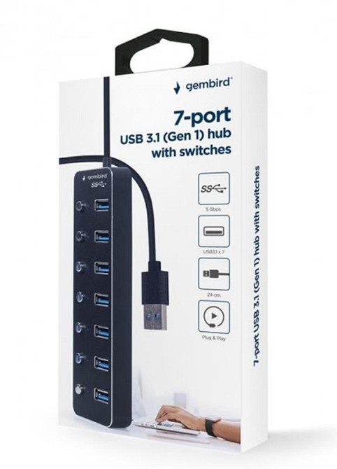 Концентратор USB 3.0 Gembird 7хUSB3.0, з вимикачами, пластик/метал, Black (UHB-U3P7P-01) ( Чорний ) Харьков - изображение 5