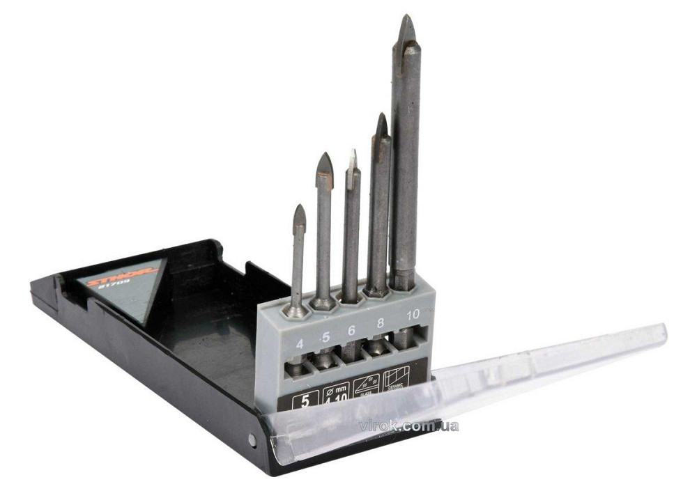 Набір свердл по склу і кераміці STHOR : Ø= 4, 5, 6, 8, 10 мм, YG6X, HEX-1/4