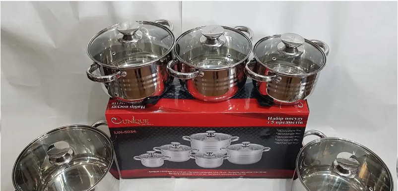 Набор кастрюль UNIQUE UN-5034 из пищевой нержавеющей стали с крышками разных размеров Одесса - изображение 2