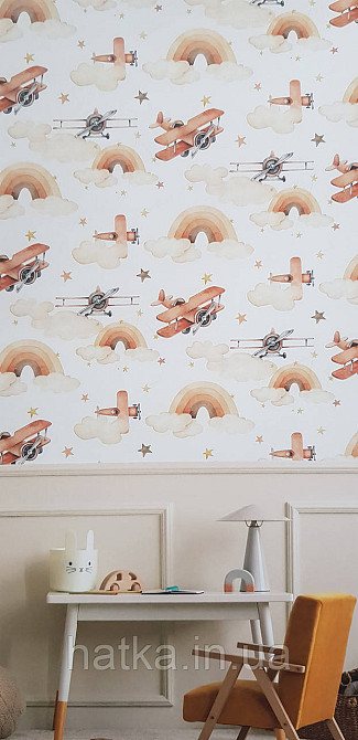 Шпалери флізелінові еко Rasch Kids World II 0.53х10 дитячі літаки хмари зірки коричневі на білому Київ - фото 1