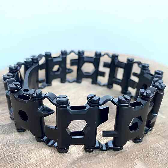 Чоловічий браслет-мультитул RESTEQ Tread Metric-Stainless — стильний металевий браслет 29 в 1, чорний колір Київ