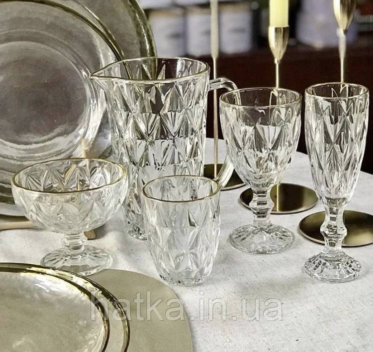 Глечик "Золотий смарагд" 1000 мл товсте скло для напоїв прозорий із золотим обідком Київ - фото 1