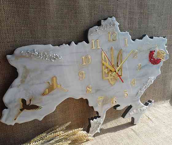 Годинник настінний 60*38 см з епоксидної смоли ручної роботи "Карта України" Дніпро