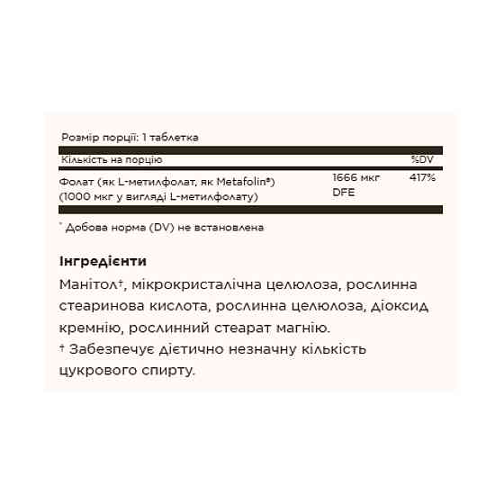 Фолат (L-метилфолат) SOLGAR Folate 1000мкг (Metafolin 1,000 мкг) 60 таб Киев