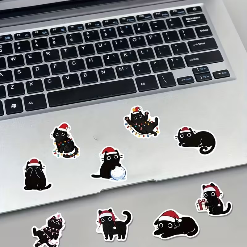 Набір новорічних наліпок 50 шт — чорні котики у шапочках Санти Київ - фото 7