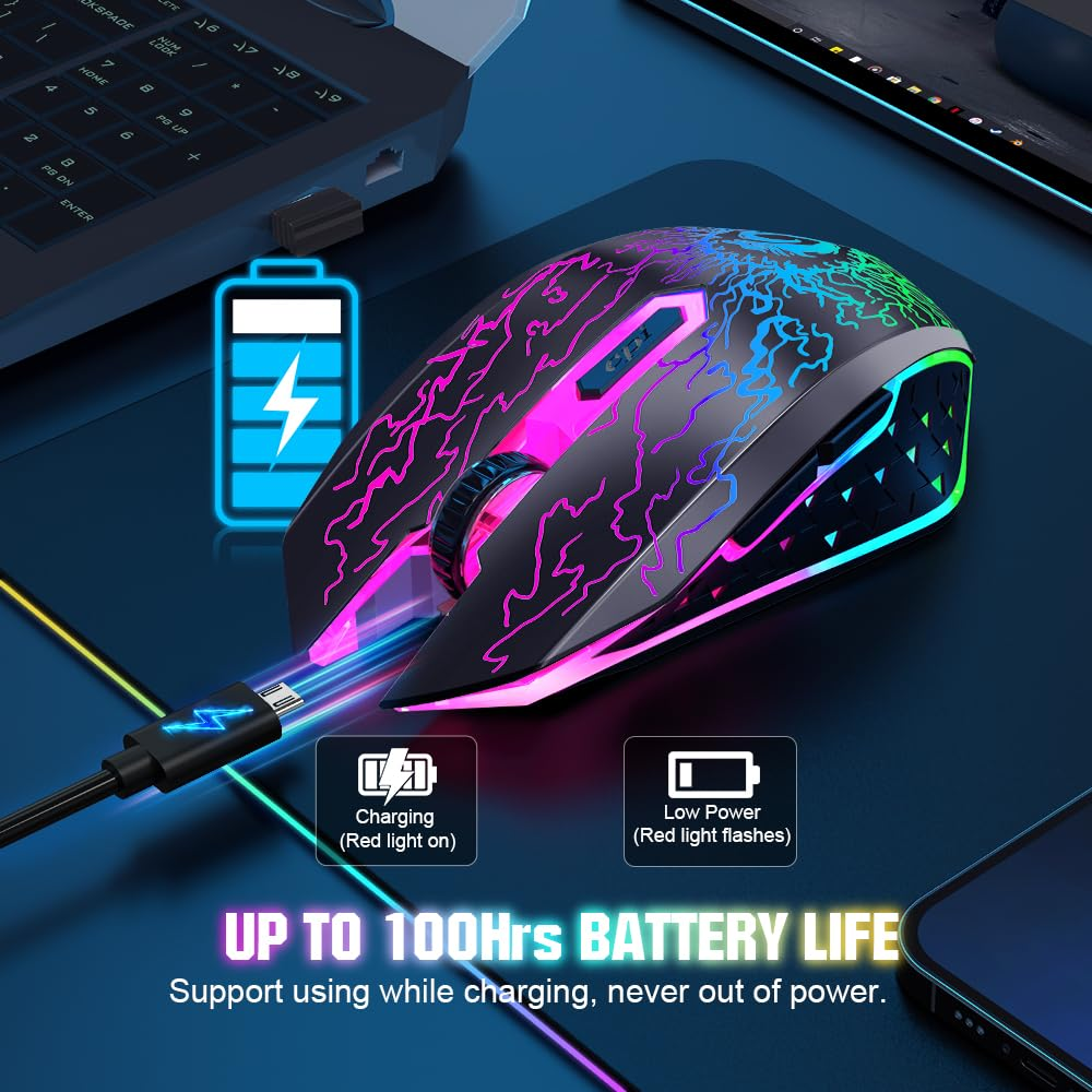 Беспроводная игровая мышь VersionTECH 2.4G, 6 кнопок, 800–1600 DPI, RGB-подсветка, аккумуляторная, черная Киев - изображение 7
