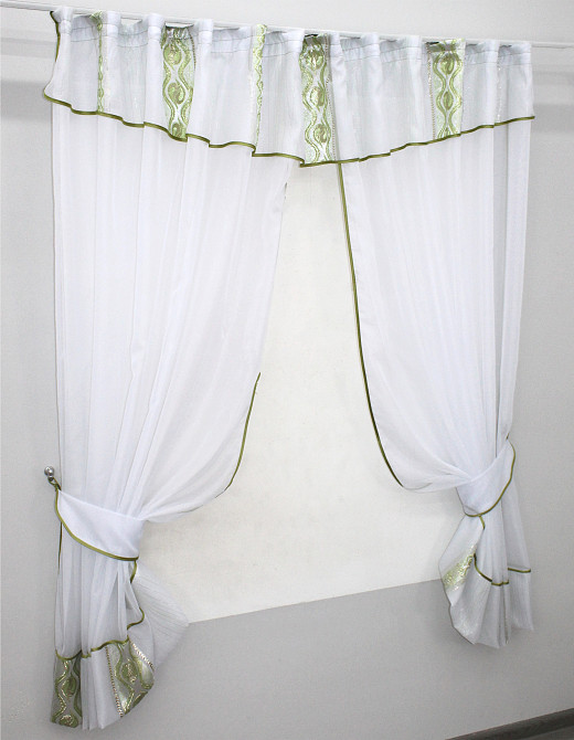 Кухонные шторы VR-Textil № 085к с ламбрекеном и подхватами белый с салатовым 300х170 см (59-788) Киев - изображение 2