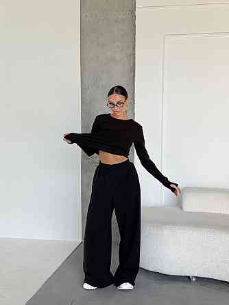 Женский теплый базовый костюм двойка из турецкого микрофлиса Черный Одесса