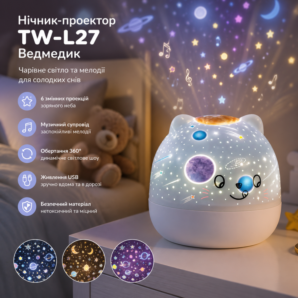 Нічник-проектор TW-L27 «Ведмедик» із музикою, обертанням та 6 змінними проекціями зоряного неба, USB Київ - фото 8