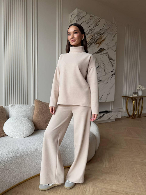 Жіночий базовий костюм-двійка: светр і штани турецьке в'язання Бежевий, 48/52 Одеса - фото 1