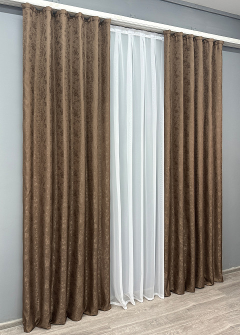 Комплект готовых штор VR-Textil Жаккард Мрамор Al1 № 660ш Коричневый 150х270 см 2 шт (30-429) Киев - изображение 4