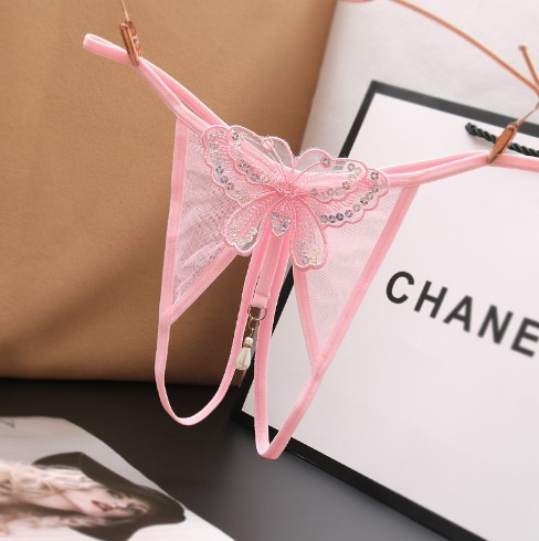 Сексуальні стрінги з метеликом та паєтками рожеві - розмір універсальний, резинка до 84см Київ - фото 1