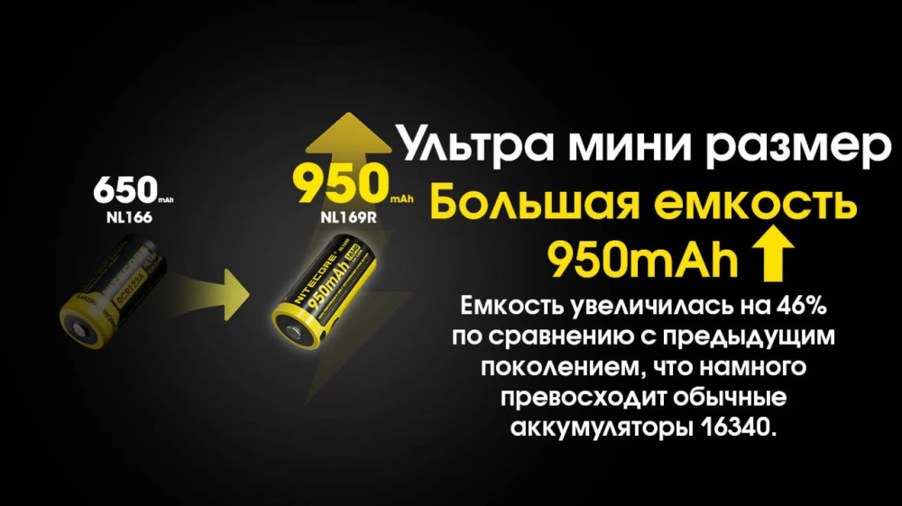 Аккумулятор Li-Ion 16340 (RCR123A) Nitecore NL169R 950mAh 3.6V USB-C с защитой (Черно-желтый) Винница - изображение 7
