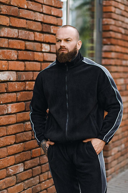 Зимовий чоловічий спортивний костюм на флісі плюшевий з лампасами чорний Одеса - фото 2