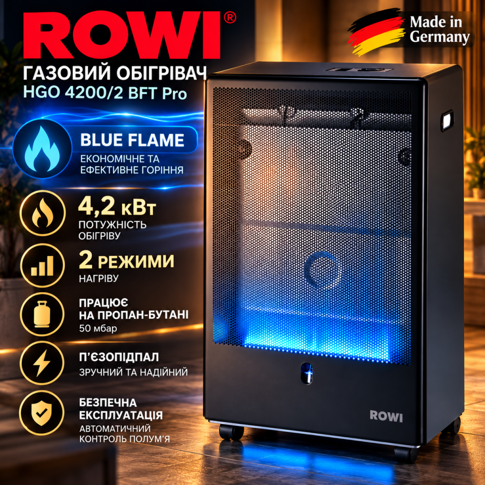 Газовий обігрівач ROWI HGO 4200/2 BFT Pro Blue Flame 4,2 кВт, 2 режими, пропан-бутан, п'єзопідпал, 50 мбар Київ - фото 3