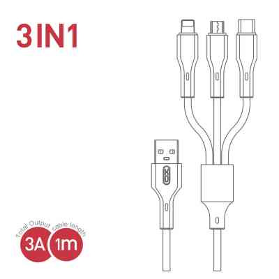 Дата кабель USB 2.0 AM to Lightning + Micro 5P + USB-C 3A black XO (CB-23U3-BK) Винница