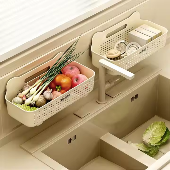 Органайзер для кухні із пластику, настінний кошик з гачками, пластиковий, 26×13×8см, білий колір Кам'янець-Подільський