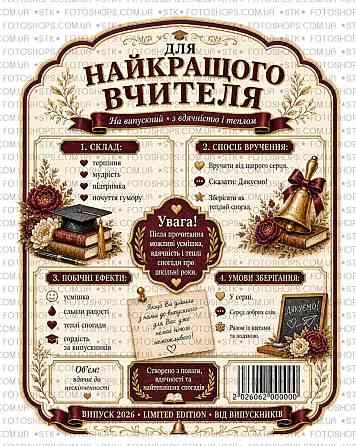 Етикетка на пляшку вина або ігристого для вчителя | Подарункова наліпка на пляшку | Етикетка та контретикетка для вчителя Одеса