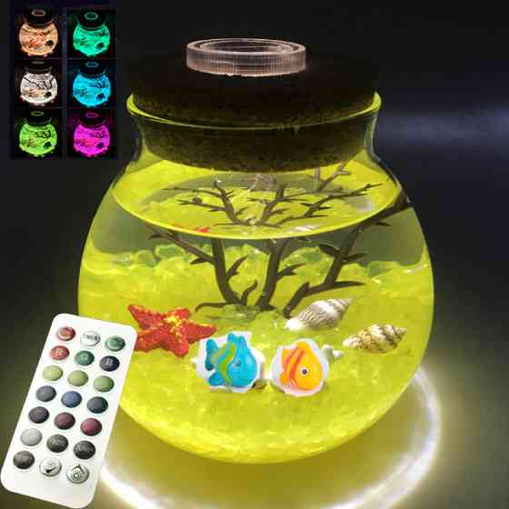 Ночник Аквариум в банке Пульт мультицвет, светящаяся бутылка, подарочный набор собери сам! Желтый с рыбками Кременчуг