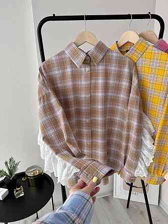 Жіноча стильна оверсайз сорочка в клітинку з акцентними рукавами Капучино Одеса