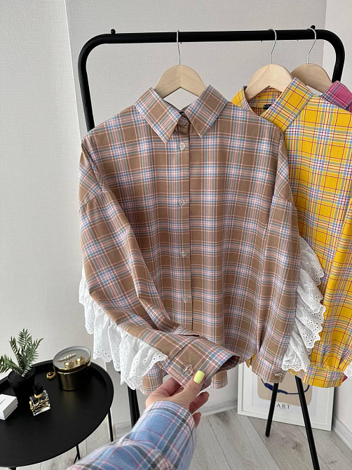 Женская стильная оверсайз рубашка в клетку с акцентными рукавами Капучино Одесса - изображение 1
