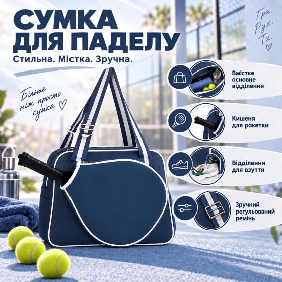Сумка для падела тенисная для тренировки хранения формы, спортивного инвентаря на корте, серо-синий Q25-017_grey Каменец-Подольский