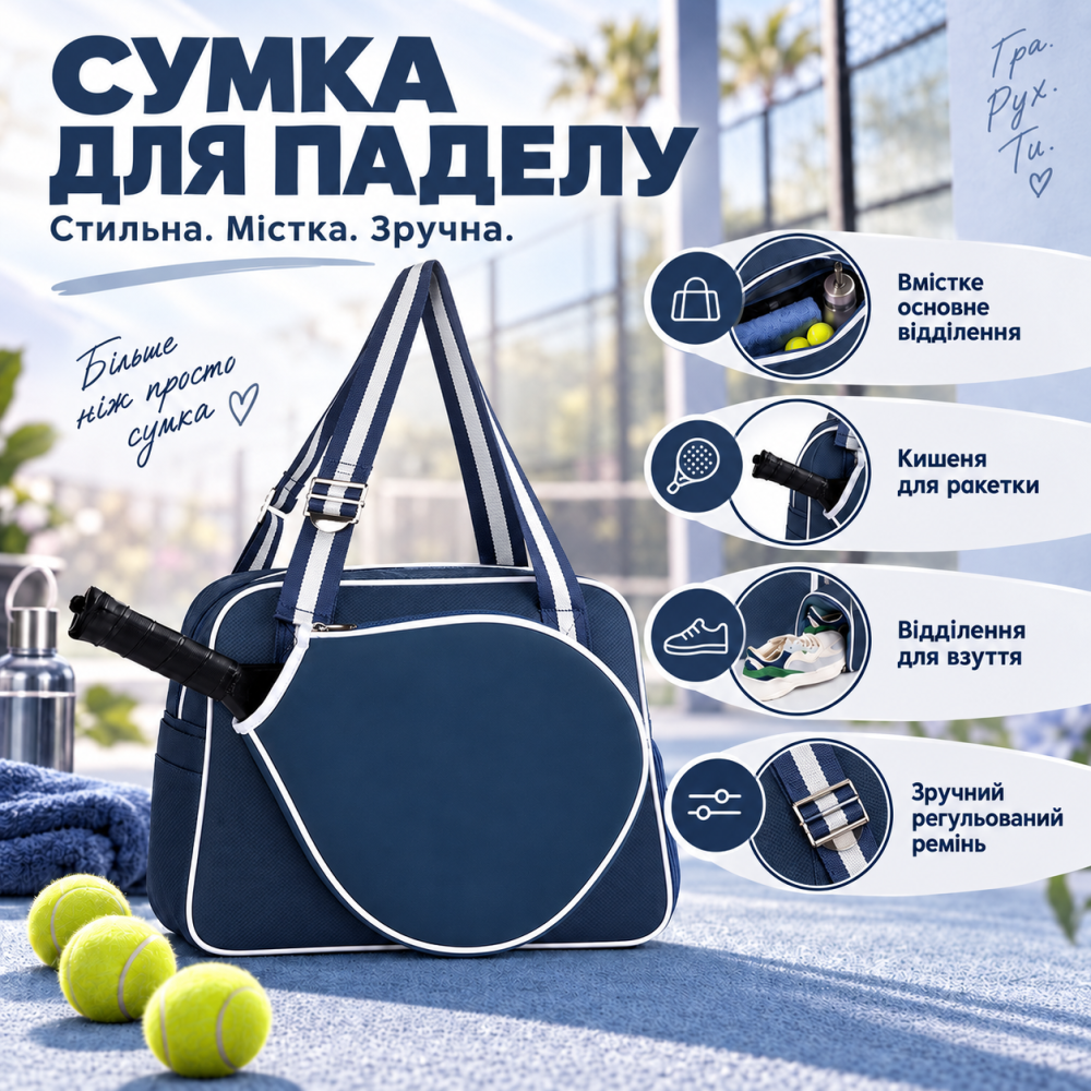 Сумка для падела тенисная для тренировки хранения формы, спортивного инвентаря на корте, серо-синий Q25-017_grey Каменец-Подольский - изображение 1