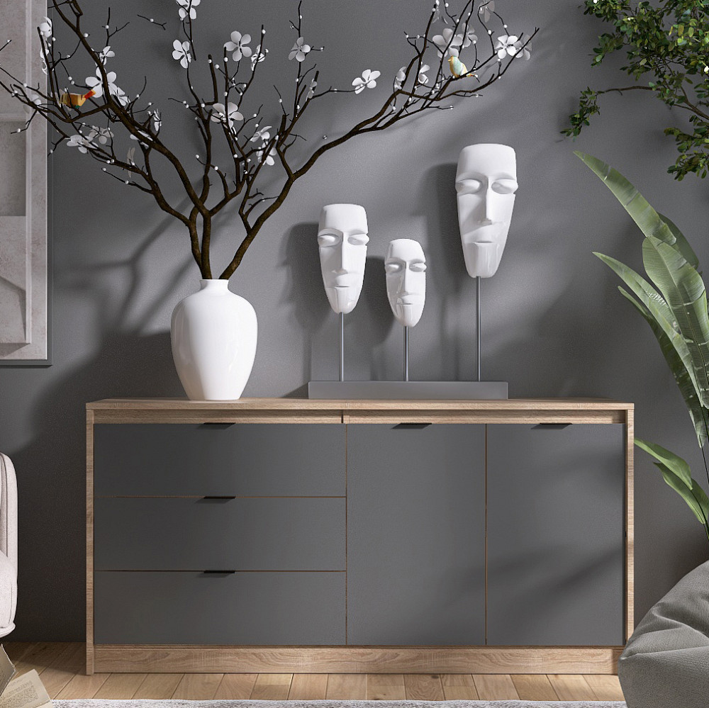 Великий комод із дверима та 3-ма шухлядами Еверест Сіті-1500 150,2х38х74,6 Дуб сонома/Графіт (DTM-071101) Львів - фото 1