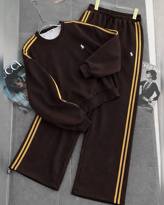 Жіночий прогулянковий костюм-двійка з лампасами турецька двонитка Шоколадний Одеса - фото 1